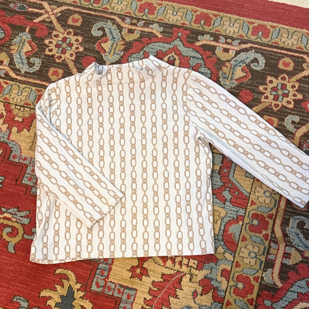 Ann Taylor Long Sleeve Chain Print Shirt - White and Brown. Has a 3/4 sleeve.